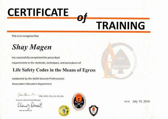 Certificate of Training (Life Safety Codes in the Means of Egress, ALOA)