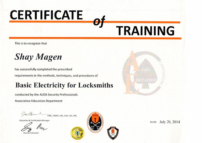 Certificate of Training (Basic Electricity for Locksmiths, ALOA)