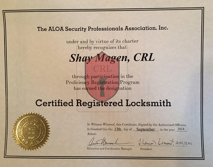 CRL- certified registered Locsmith certificate from ALOA
