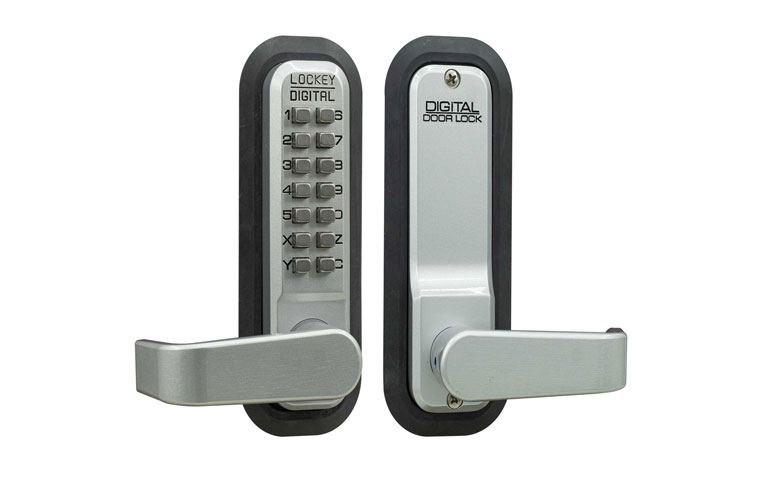This is good for residential.  Mechanical lock that does not require batteries and is weather proof.  It's available in single or double sided.